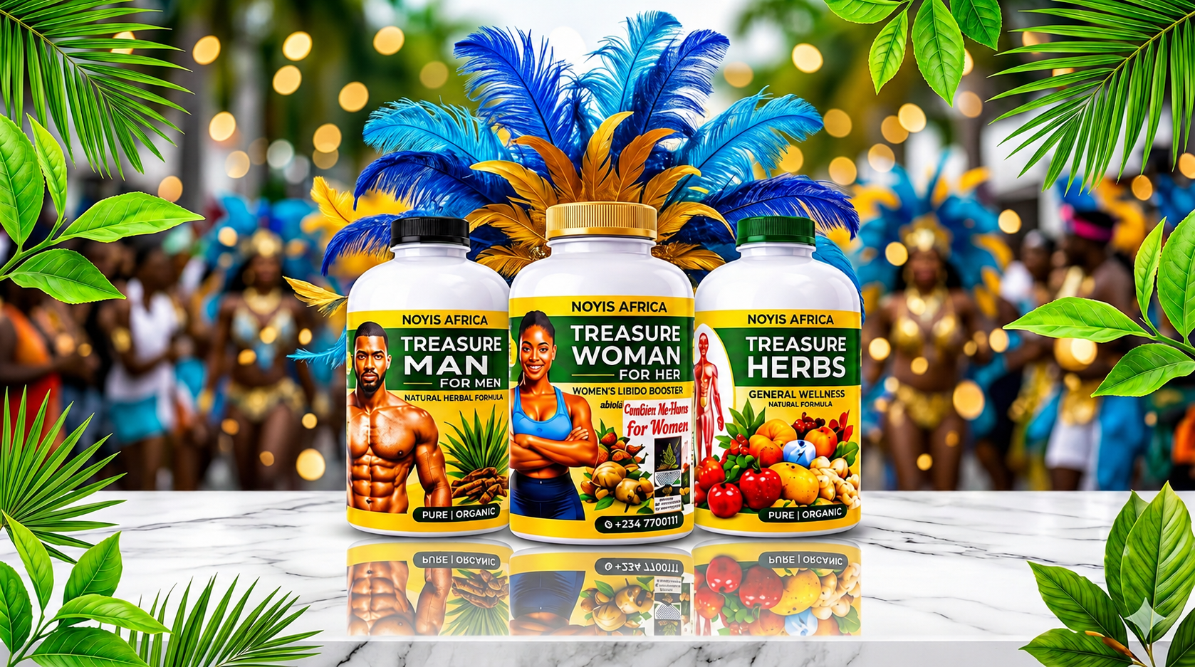 Antigua Carnival 2026 wellness essentials — Treasure Man, Treasure Herbs and Treasure Woman herbal bottles